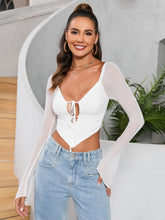 Flounce Sleeve Cut Out Tie Front Mesh Top